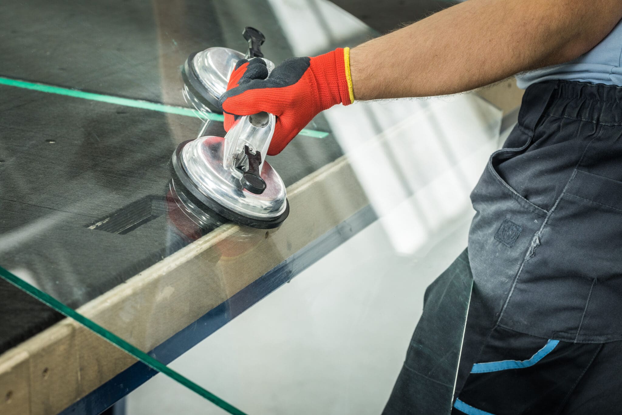 A person wearing red gloves uses a suction cup tool to handle a large sheet of glass on a workbench, illustrating precise techniques often used in window repairs.
