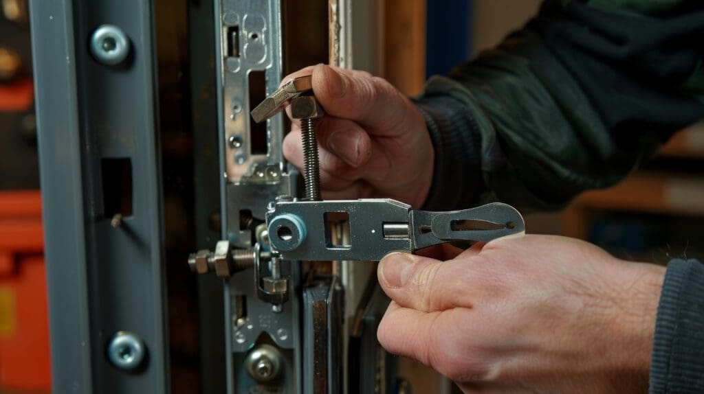 Close-up of a person’s hands using specialized tools to adjust or repair a metal lock mechanism on a door. Dressed in a dark jacket, they work carefully on the complex hardware as part of professional door repairs.
